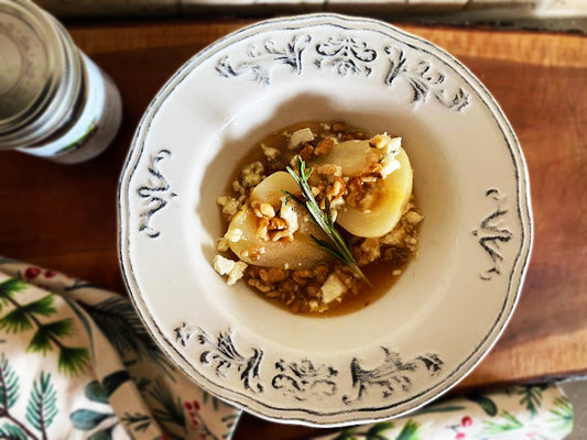 Easy recipe, Honey, ginger poached pear with gorgonzola cheese and walnuts. Easy appetizers that will wow your guests.