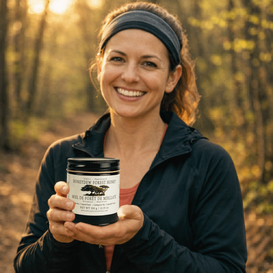 Runner outdoors in spring with a jar of African Bronze honeydew forest honey