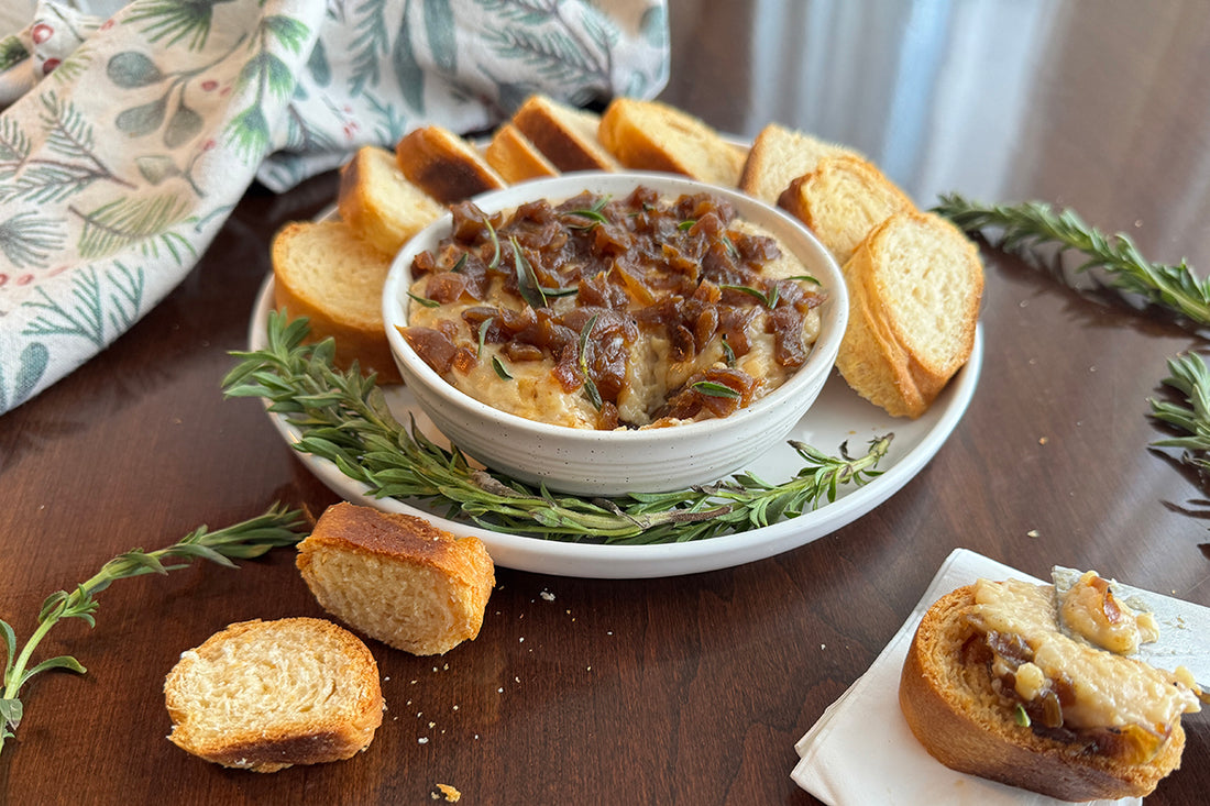 Whipped Brie with hot honey and caramelized onions