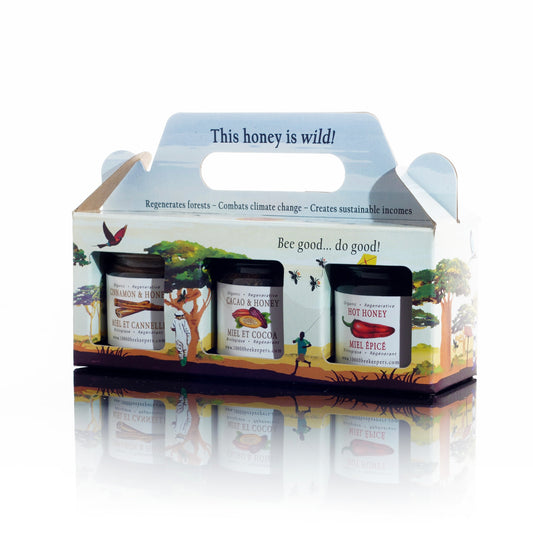 Collection featuring three miniature jars of different raw honey varieties in gift-worthy packaging
